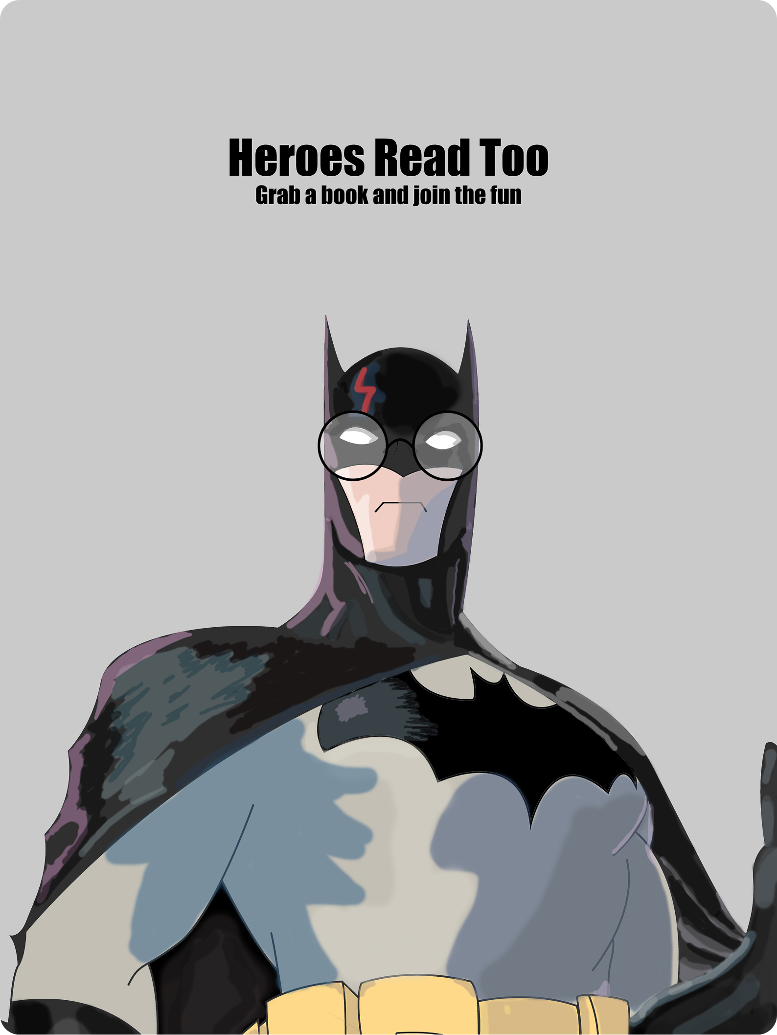 Batman standing and looking at the viewer, with Harry Potter glasses and scar over his mask, with the words Heroes Red Too above his head