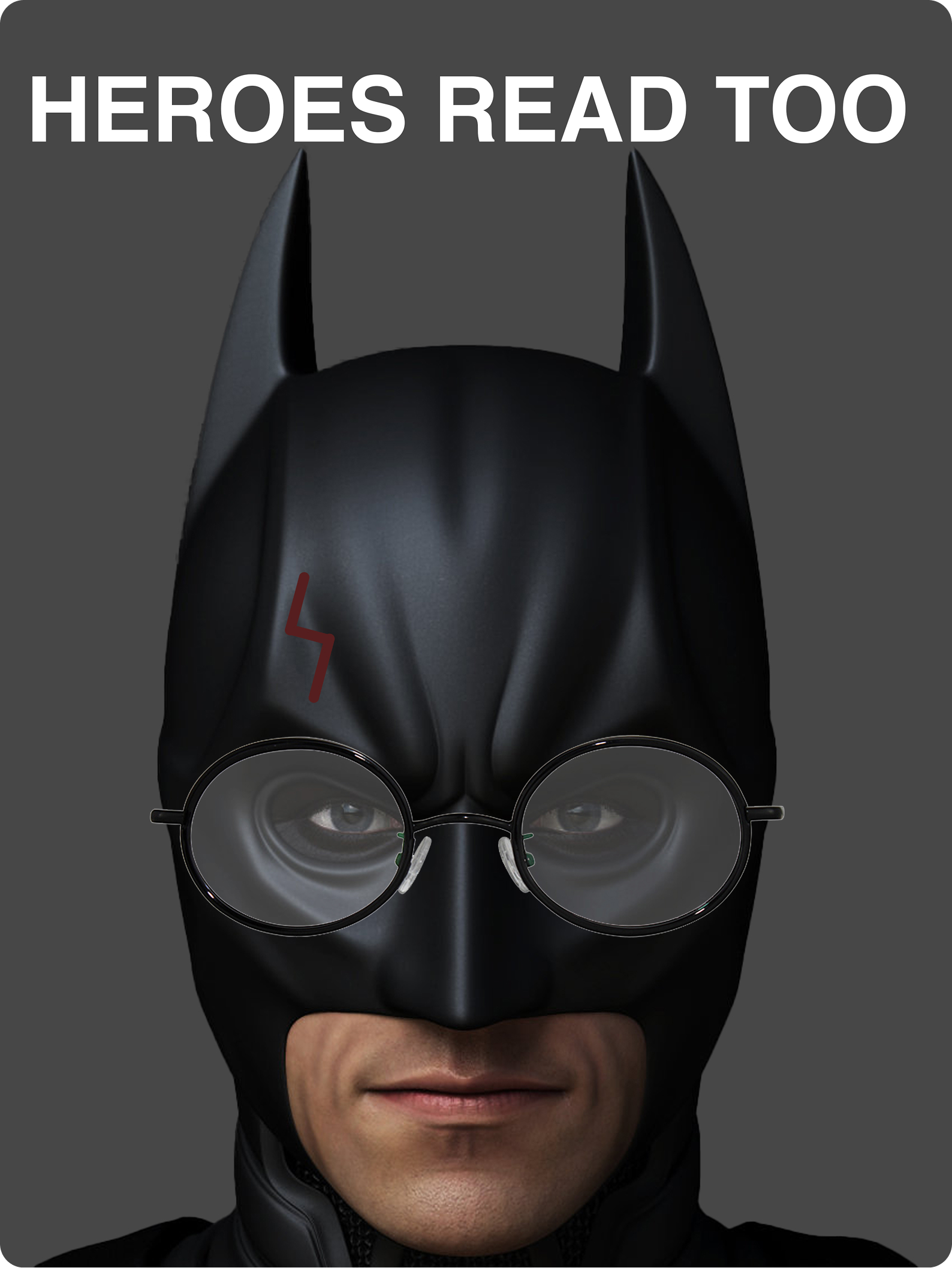 Batman standing and looking at the viewer, with Harry Potter glasses and scar over his mask, with the words Heroes Red Too above his head