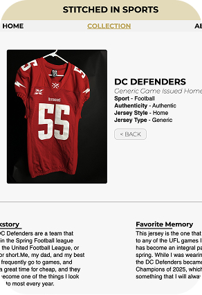 image of a web page featuring a red DC Defenders Home Jersey and a description